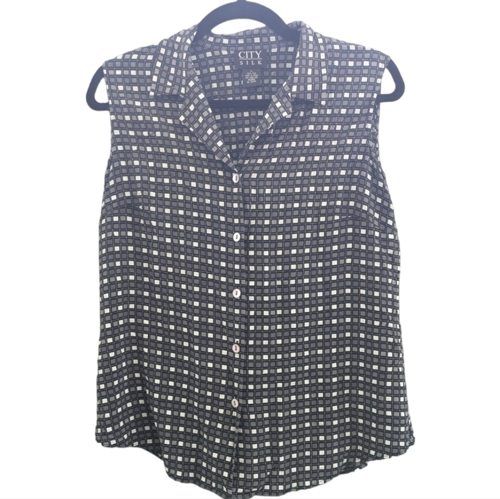 City Silk Gray, Black and Cream Sleeveless Silk button up blouse Size Large EUC